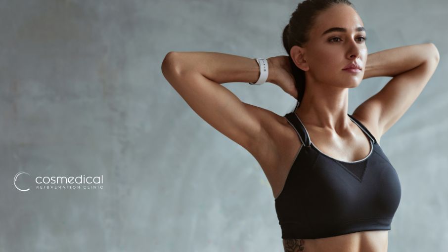 woman stretching after breast augmentation
